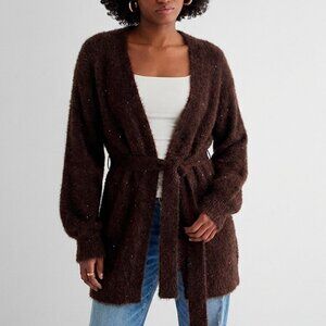 Express Faux Fur Sequin Balloon Sleeve Belted Cardigan